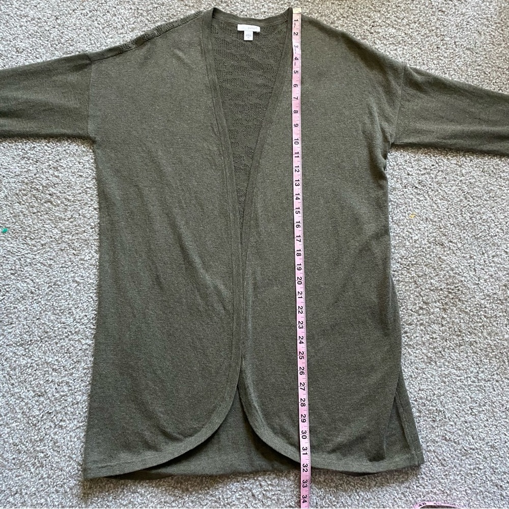 PURE J. JILL Olive Green Open Front 3/4 Sleeve Cardigan - Picture 6 of 11